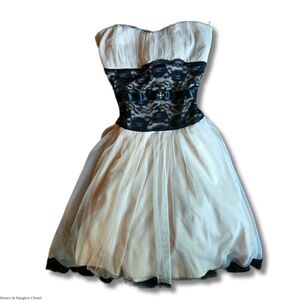 Romantic Black Lace & Nude Tulle Mini Dress | Size - Large